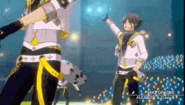 two anime characters are performing a song called sake of love alkaloid & crazy b