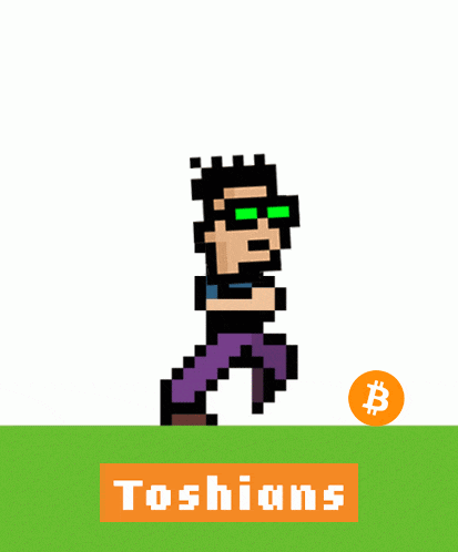 a pixel art drawing of a man running with a coin with a b on it