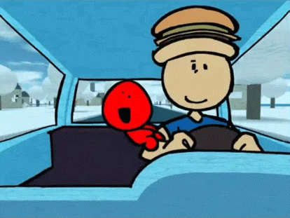 a cartoon of a man driving a car with a red stuffed animal in the back seat .