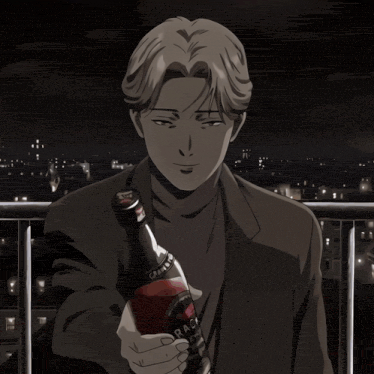 a man in a suit is holding a bottle that says " oak " on it