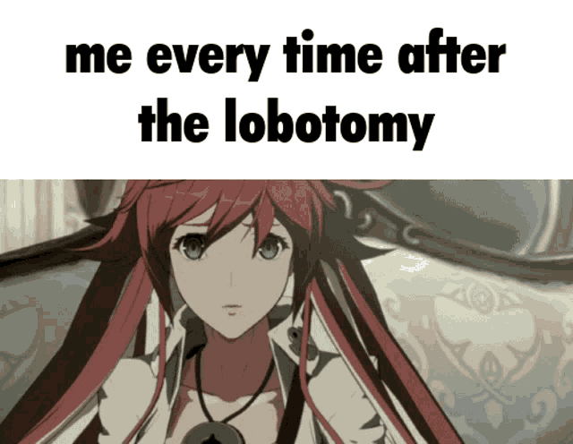 a picture of a girl with red hair and the words " me every time after the lobotomy "