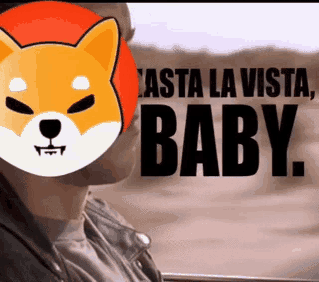 a picture of a man with a shiba inu on his face and the words basta la vista baby
