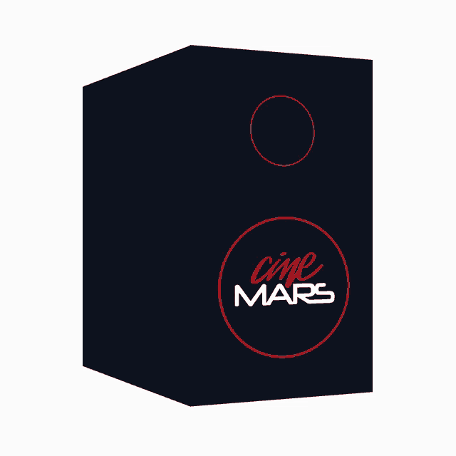 a black box with a red circle that says cine mars on it