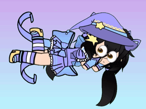a cartoon drawing of a girl wearing a blue dress and a purple hat