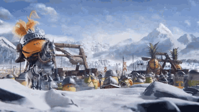 a group of pineapples are standing in the snow with a knight on a horse