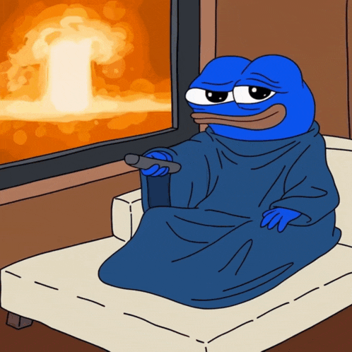 a blue cartoon character is sitting on a couch with a remote control in his hand