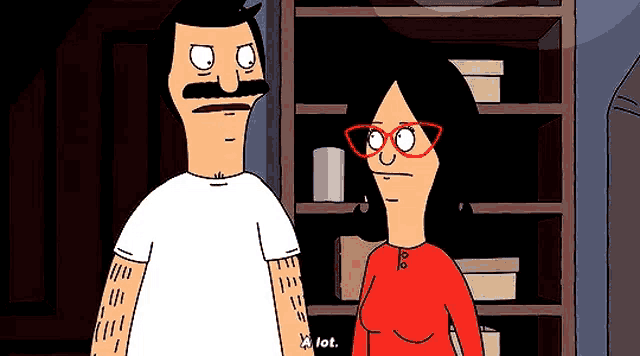 a man and a woman from bob 's burgers are standing next to each other in front of a shelf .