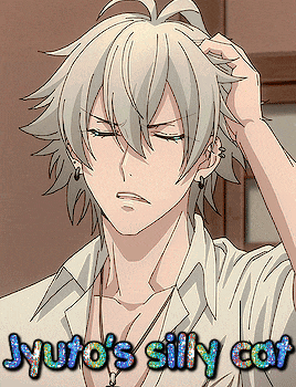 a picture of a boy with the words jyuto 's silly cat on the bottom