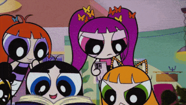 a group of girls from the powerpuff girls are standing together