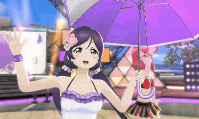 a purple umbrella is being held by a girl in a bikini