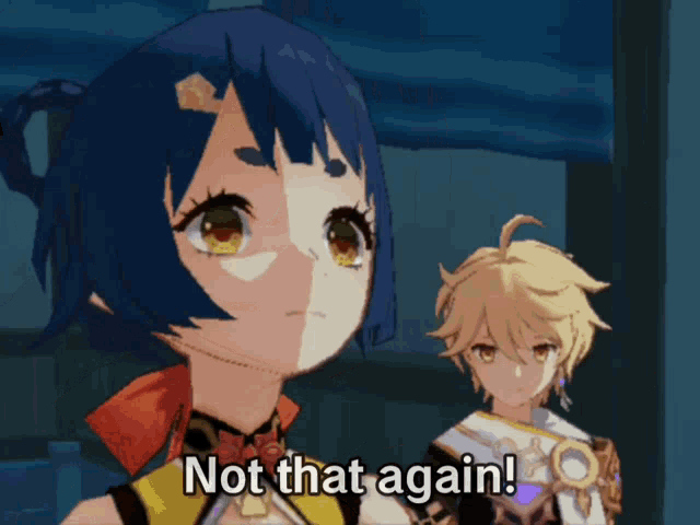 a cartoon character says not that again in front of another character