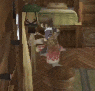 a video game character is standing in a room with a green lamp