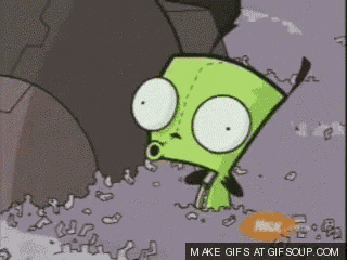 a cartoon character with a surprised look on his face standing next to a rock .