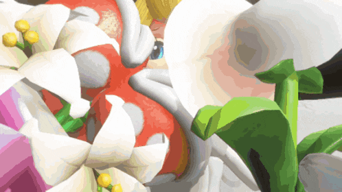 a close up of a flower with a cartoon character behind it