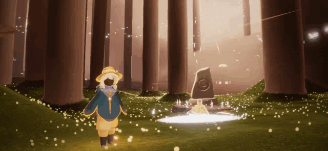 a person standing in a forest with a circle in the middle