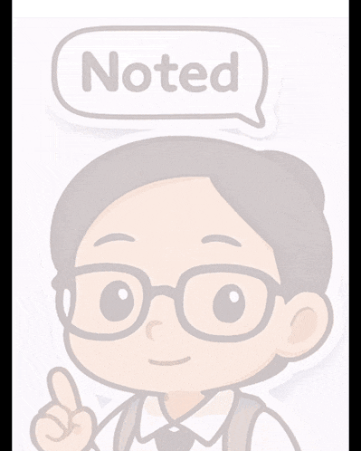 a cartoon character has a speech bubble with the word noted above his head