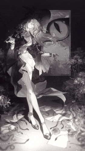 a black and white drawing of a woman in a witch costume