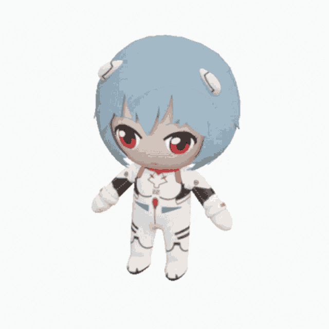 a stuffed toy of a girl with blue hair and red eyes has the numbers 00 on her chest