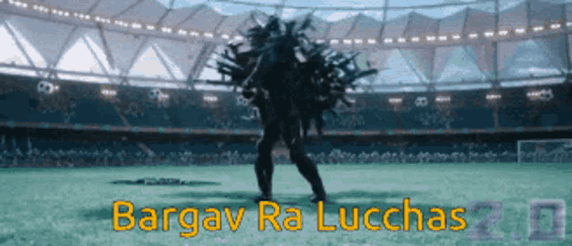 a man in a black suit is standing on a soccer field with the words " bargav ra luchas " above him