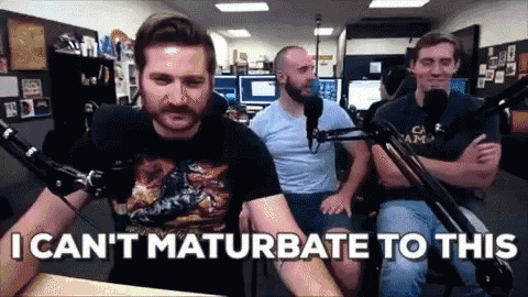 a man is sitting in front of a microphone with the words i can 't masturbate to this written on the screen