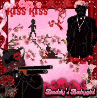 a black cat holding a gun in front of a priest with the words kiss kiss daddy 's babygirl