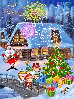 a pixel art christmas scene with santa claus playing a guitar and a christmas tree