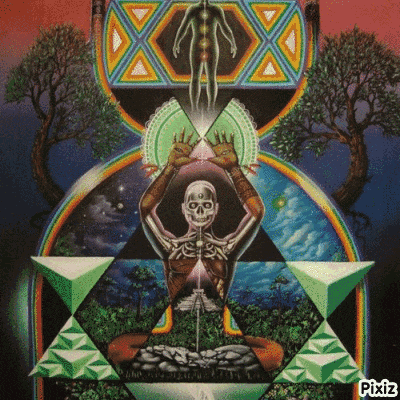 a painting of a skeleton in a triangle with pixiz written in the bottom right corner