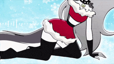 a cartoon character is kneeling down in the snow wearing a santa dress .