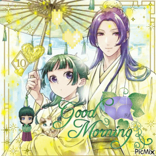 a man and a girl are standing under an umbrella with the words good morning written on the bottom