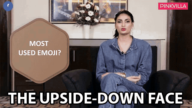 a woman sits in a chair with the words " the upside-down face " on the bottom