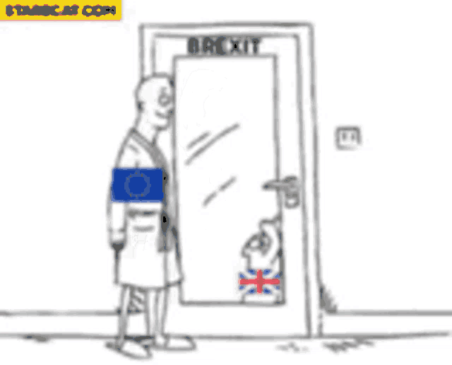 a black and white cartoon of a man standing in front of a door that says brexit