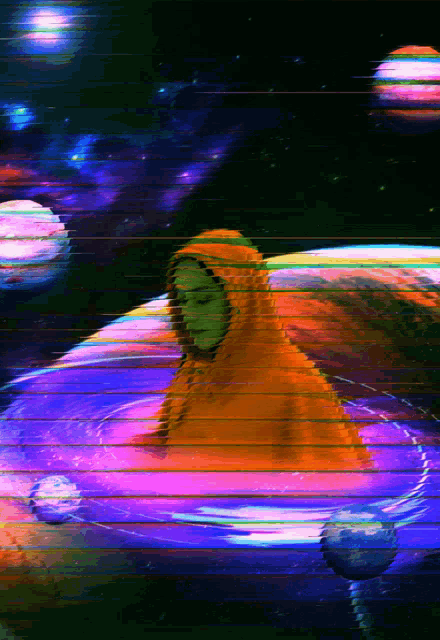 a painting of a person in a hoodie in front of planets and stars