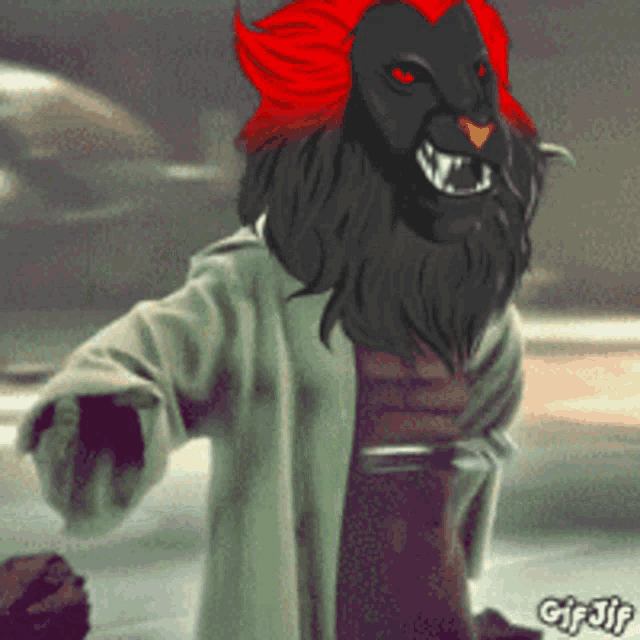a gif of a lion wearing a green coat