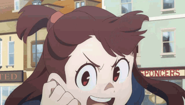 a cartoon girl is standing in front of a store that says poncers