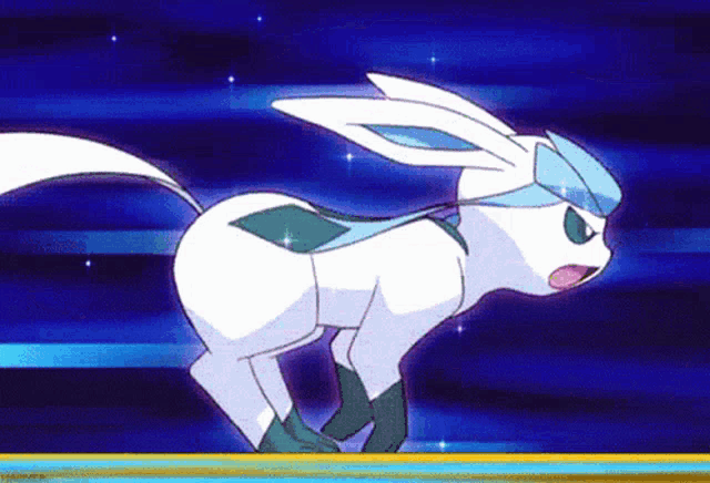 a cartoon of a white rabbit with a blue tail