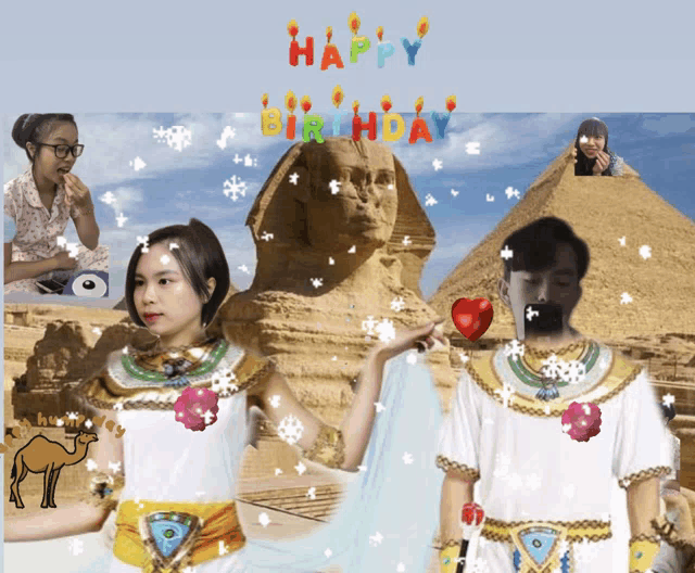 a birthday card with a pyramid in the background and the words happy birthday on top