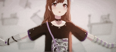 a girl with long brown hair is wearing a black shirt with purple sleeves and a purple purse .