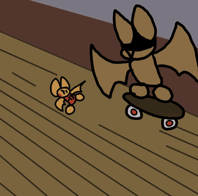 a cartoon of a bat riding a skateboard next to a smaller bat