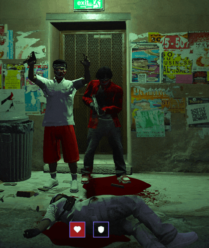 a video game scene with a green exit sign above them