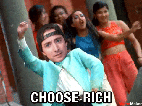 a man in a suit is dancing in front of a group of women with the words choose rich on the bottom