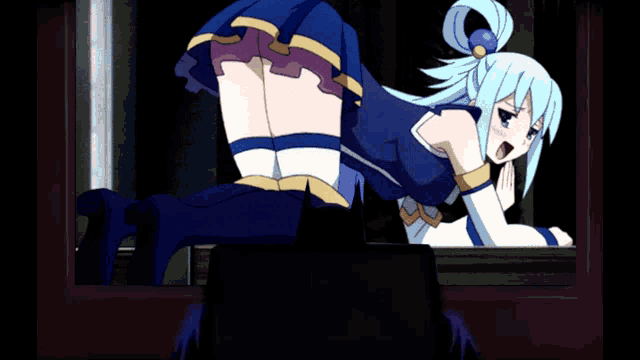 a girl with blue hair and a blue skirt is looking out a window