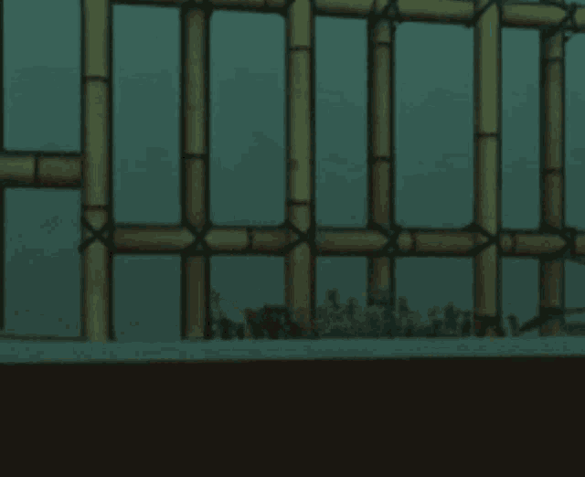 a cartoon character is behind a fence and looking at something