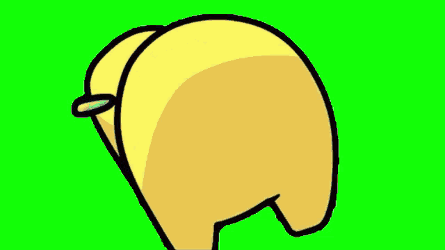a yellow cartoon character with a ring in its mouth is sitting on a green background .