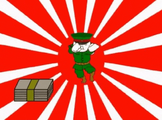 a cartoon of a soldier standing on top of a pile of money