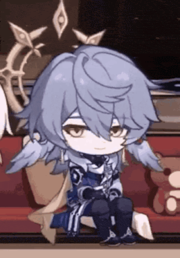 a cartoon character is sitting on a red couch with a stuffed animal .