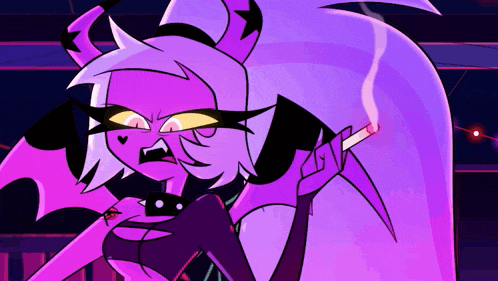 a cartoon character with purple hair and horns is smoking a cigarette in a dark room .