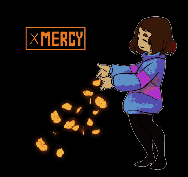 a glitch art drawing of a girl with the word mercy on the bottom right