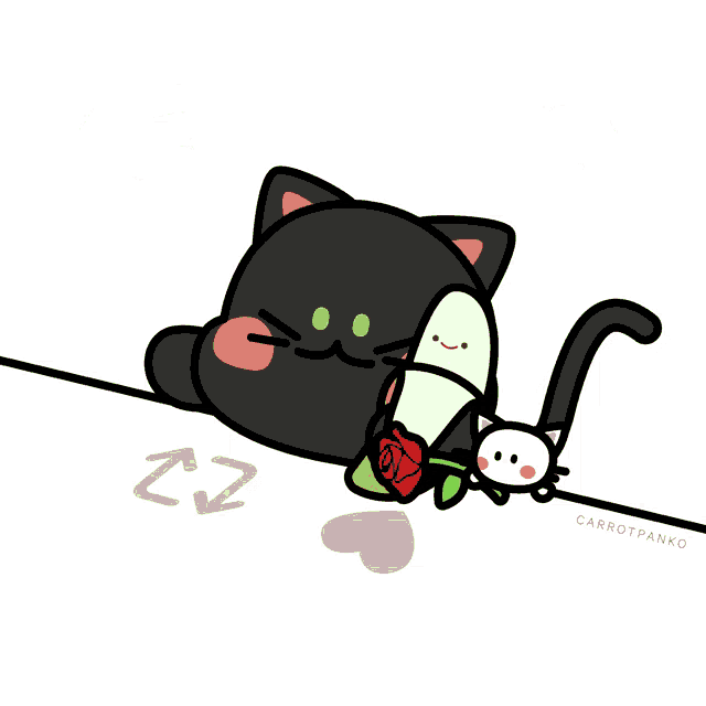 a cartoon drawing of a black cat holding a red rose and a white cat