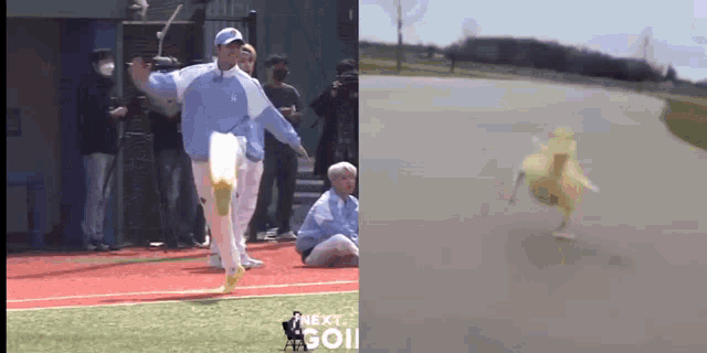 a man in a blue shirt is walking on a baseball field next to a duck