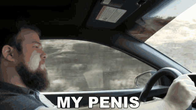 a man with a beard is driving a car with the words " my penis " on the bottom